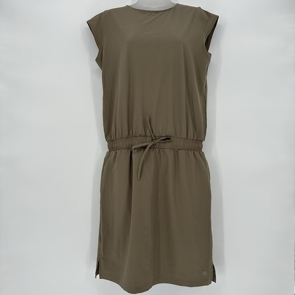 Albion Fit Going Places Drawstring Dress Women Sz M Tan Cap Sleeve Pockets Nylon - Picture 2 of 10